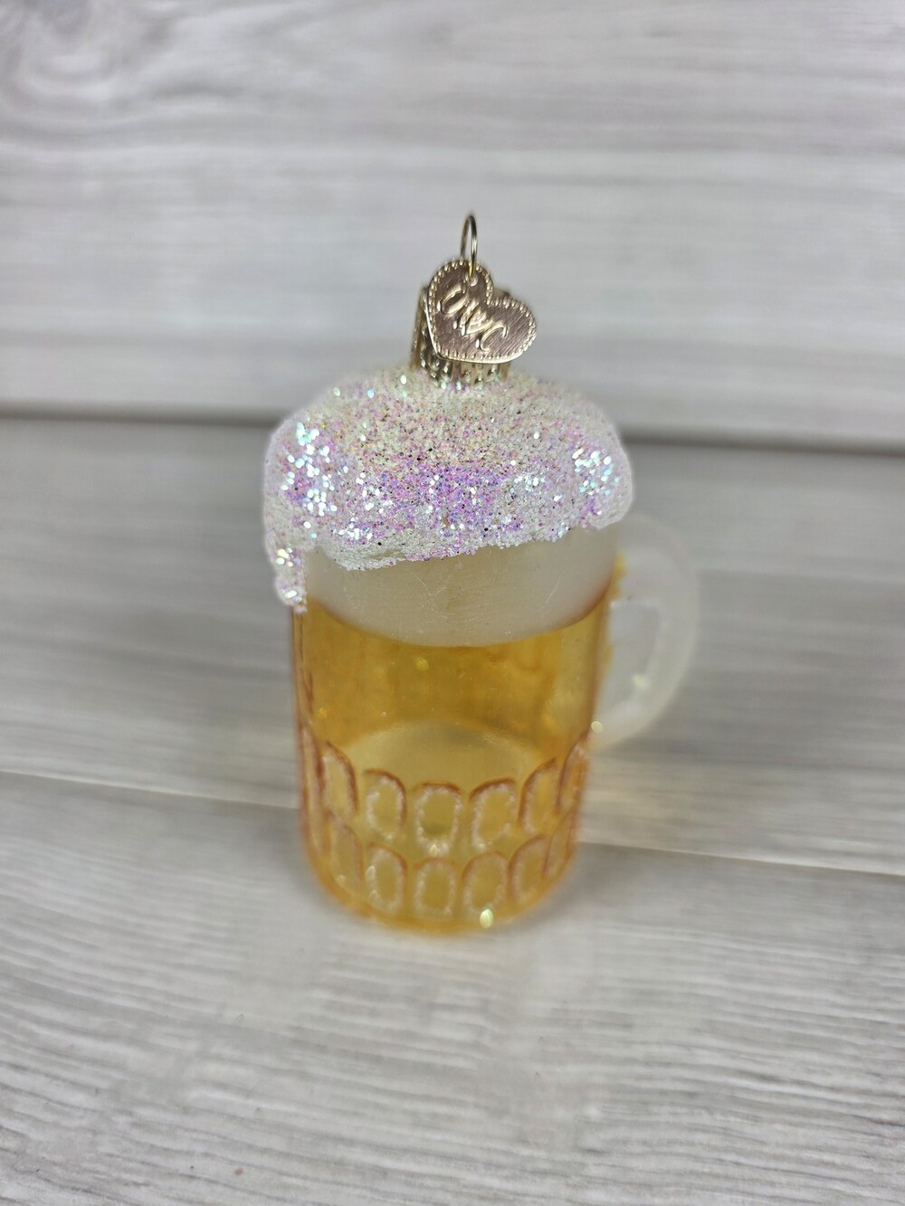 Glass Beer Mug Christmas Ornament w Glittered Foam and Heart Tag 146B6